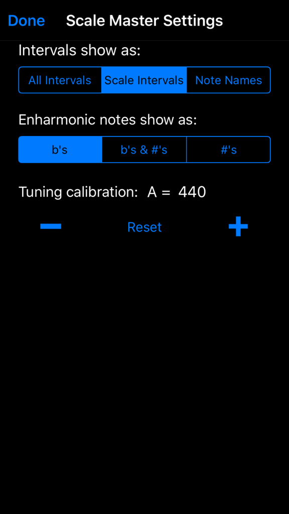 Scale-Master - Pantalla de configuración de la aplicación Scale-Master que muestra opciones de configuración para la visualización de intervalos, la notación enarmónica y la calibración de la afinación.