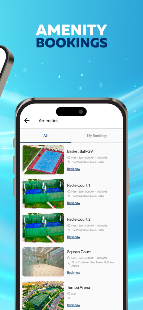 The Pearl Island - Screenshot of The Pearl Island app showing amenity bookings for basketball, padel, and squash courts.