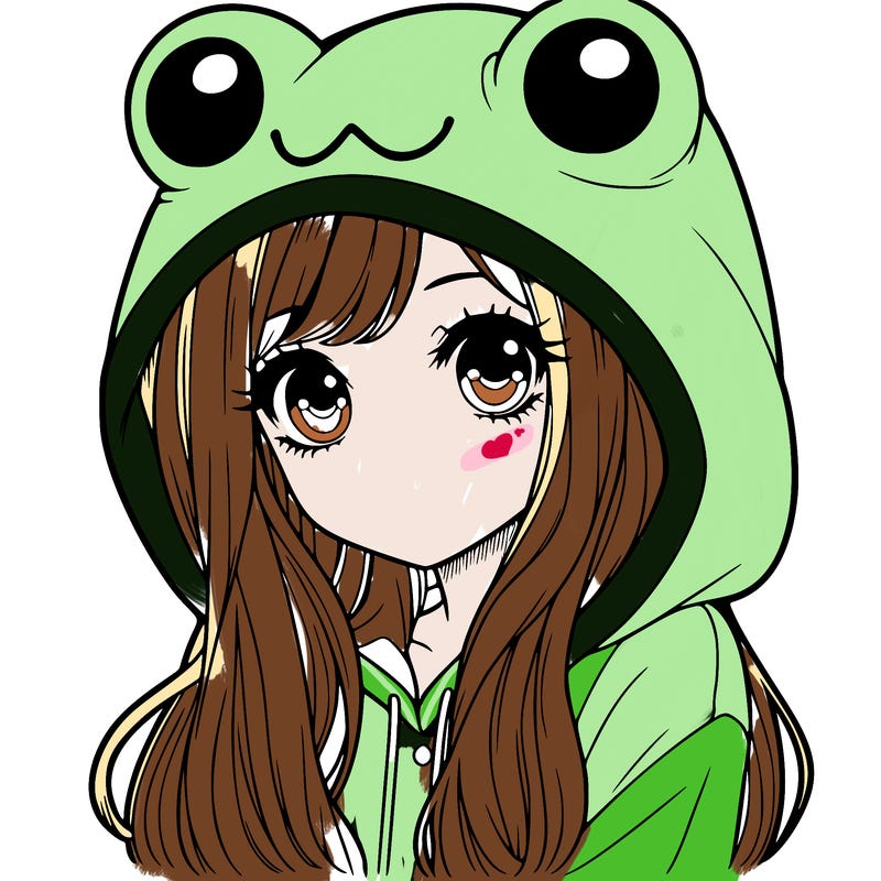 a pretty girl wearing a frog hoodie portrait with long hair