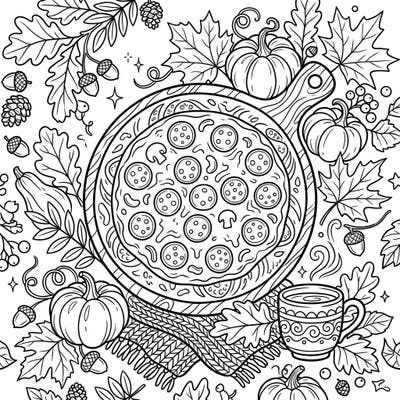 Indulge in the comfort of autumn with this delightful coloring page featuring a mouth-watering pepperoni pizza. Surrounded by classic fall elements like pumpkins, leaves, and a warm drink, it's perfect for a cozy coloring session.