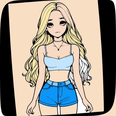 a realistic girl with long hair and in a crop top and shprts