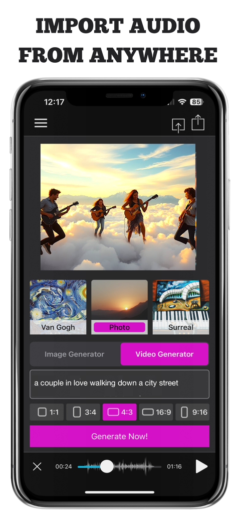 AI Music Video Generator MAIVE - Smartphone screen displaying the MAIVE app interface for generating AI music videos from text prompts and imported audio.