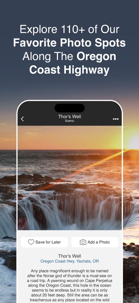 Oregon Coast Offline Guide - Schermata dell'app Oregon Coast Offline Guide che mostra informazioni e una foto al tramonto del punto panoramico di Thor’s Well.