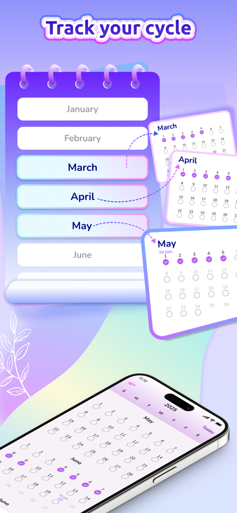 월별 주기 달력과 추적된 날짜를 표시하는 스마트폰을 보여주는 생리 주기 추적 앱의 인터페이스