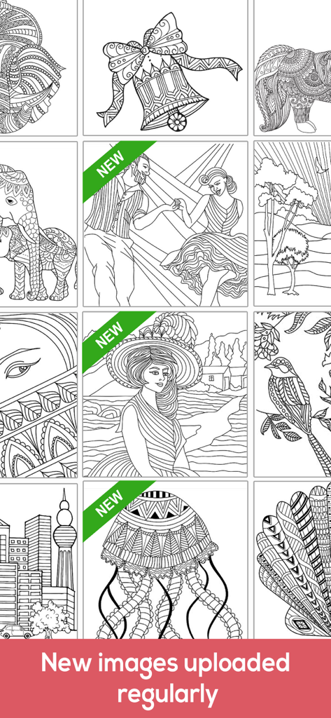 Coloring Book For Adults App ◌ - A grid of various black and white line art illustrations for adult coloring within the iColor app.