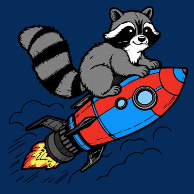realistic raccoon flying on top rocket ship