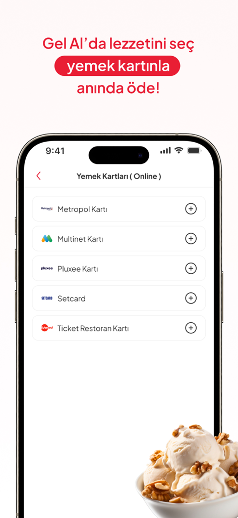 Schermata dell'app Tıkla Gelsin che mostra varie opzioni di pagamento con carte pasto online, tra cui Metropol Multinet e Pluxee.