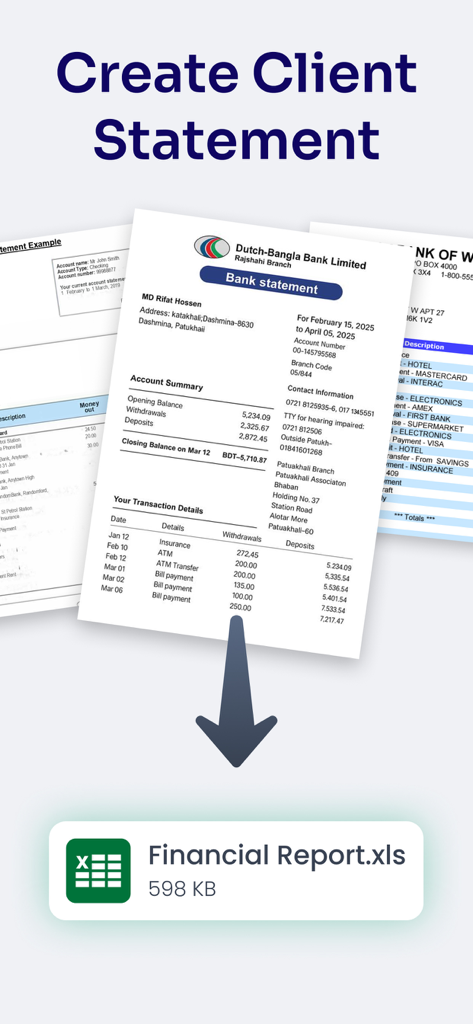 銀行明細PDFがExcelスプレッドシートに変換される様子を示すイラスト。