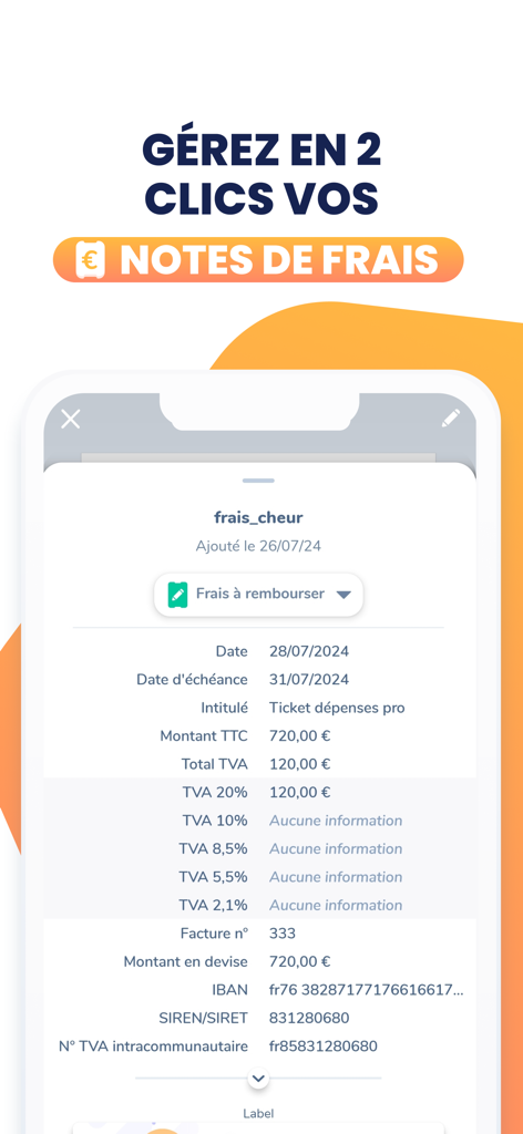 Mobile interface of the Tiime app showing detailed business expense report information with VAT and company identifiers.