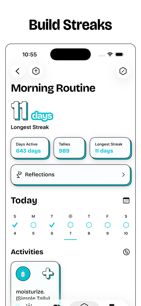 Habit Tracker — timespent - Morning Routine screen of timespent habit tracker app displaying an 11 day streak and activity tallies