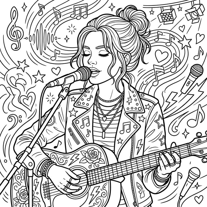 Dive into the world of music with this captivating coloring page featuring a passionate singer-guitarist lost in her performance. Express your artistic flair by bringing vibrant life to this dynamic scene filled with musical energy and decorative elements.
