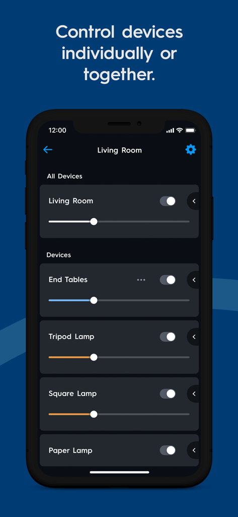 Cync (the new name of C by GE) - A smartphone displaying the Cync app interface for controlling individual and grouped smart lights in a living room.