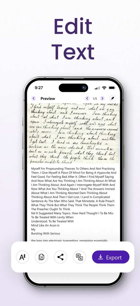 Oberfläche der Text Scanner OCR-App, die zeigt, wie Handschrift in bearbeitbaren digitalen Text zur Bearbeitung und zum Export umgewandelt wird.
