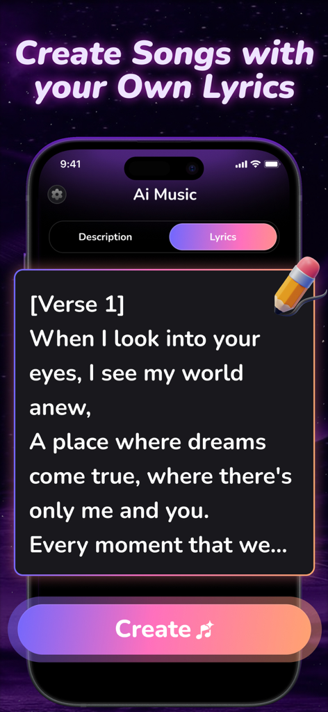 AI Music Maker-AI Song Creator - Smartphone interface of the AI Music Maker app showing a text box for custom lyrics input and a create button.
