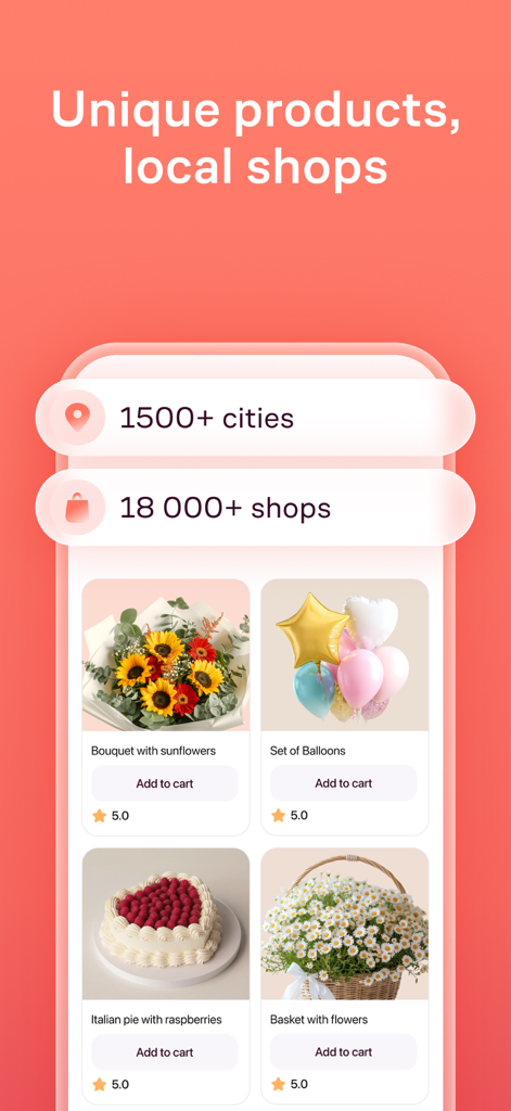 Flowwow: Shop Flowers & Gifts - Flowwow app interface showing a selection of flowers, cakes, and balloons from local shops across 1500 cities.