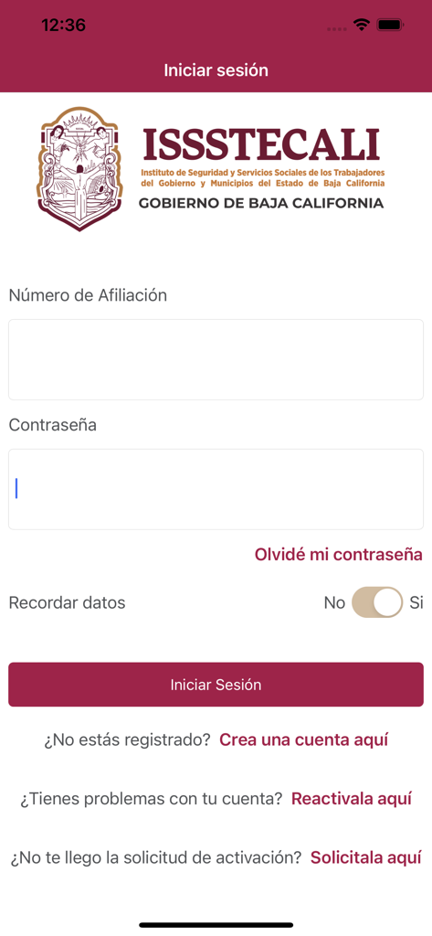 Mi ISSSTECALI - Login screen of the Mi ISSSTECALI mobile app for healthcare services in Baja California showing fields for affiliation number and password.