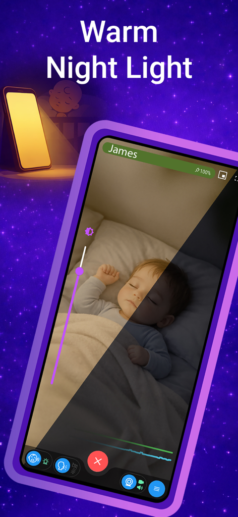 Nani baby monitor app showing the warm night light feature with a sleeping baby