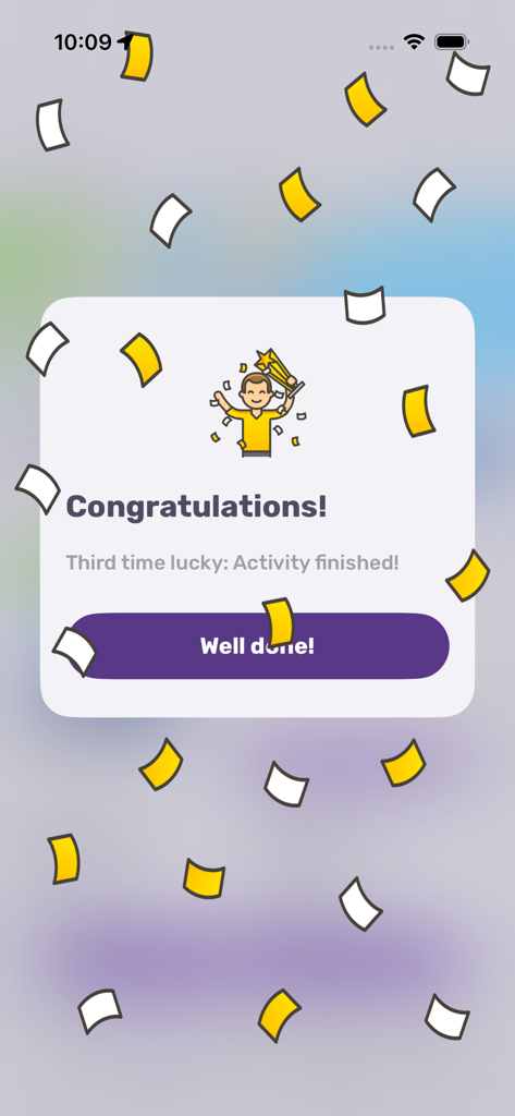 A congratulatory screen in the FITAPP app after finishing an activity featuring confetti and a trophy icon