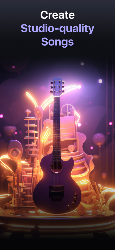 AI Song Music Generator: Muzio - An electric guitar surrounded by neon lights with the text Create Studio-quality Songs