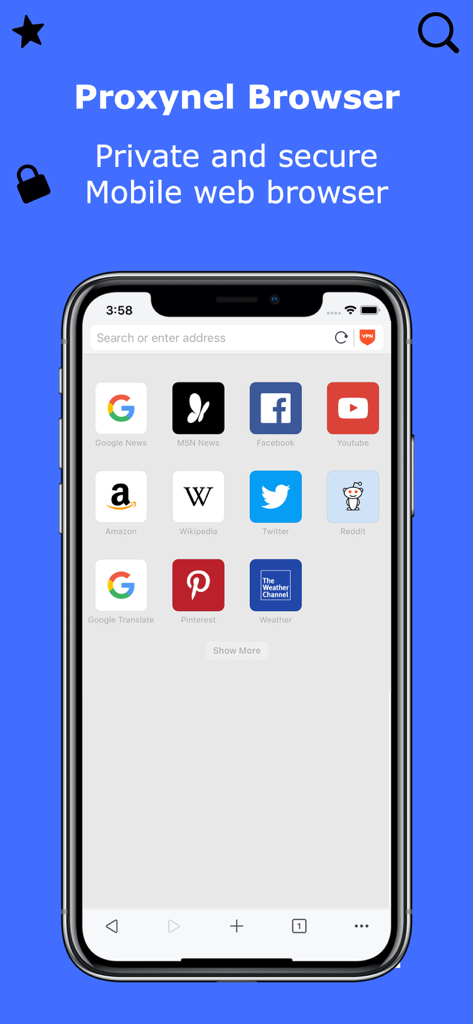 Phoenix Browser + Proxy VPN - Pantalla de inicio de Phoenix Browser que muestra una interfaz web móvil privada y segura con accesos directos a sitios web populares