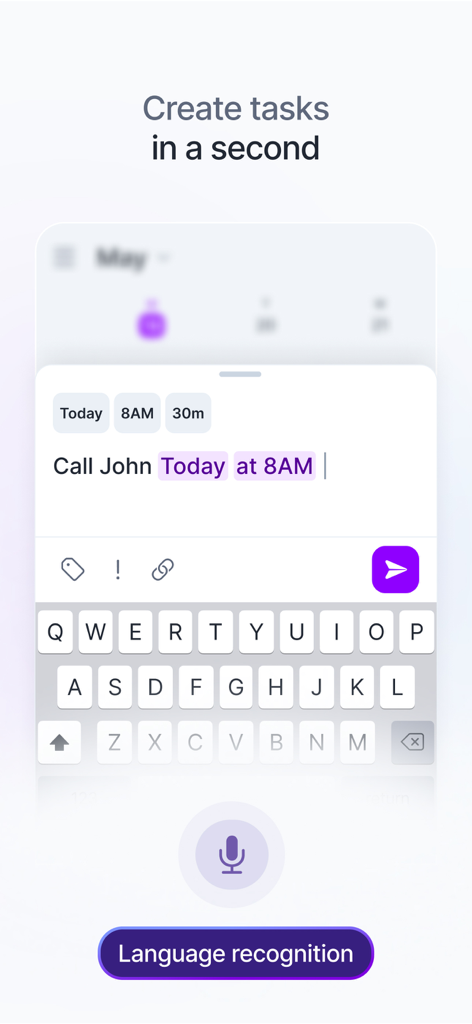 Interfaz de la aplicación Akiflow que demuestra la creación rápida de tareas mediante reconocimiento de lenguaje natural y entrada de voz.