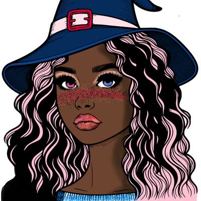 realistic girl with wavy hair a witch hat and a nose and lips and eyes