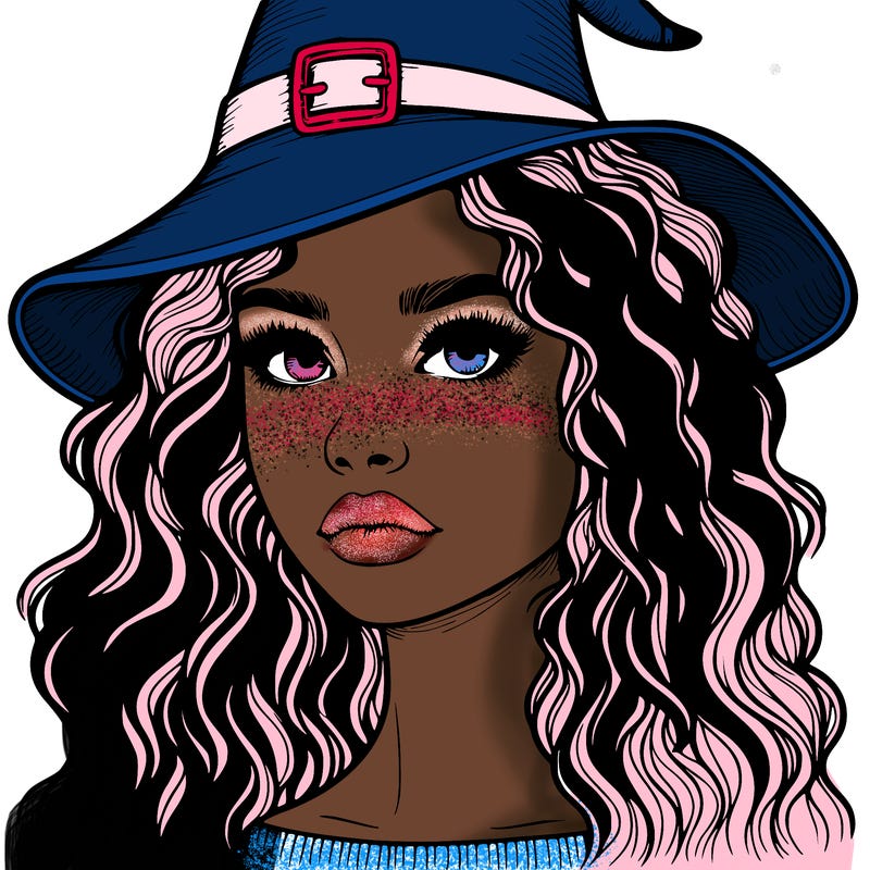 realistic girl with wavy hair a witch hat and a nose and lips and eyes