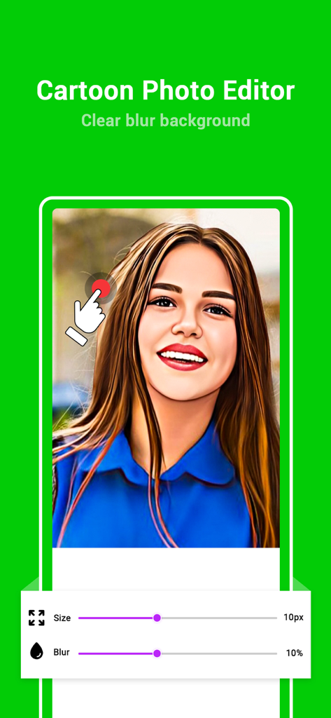 ToonApp - cartoons from photos - Cartoon photo editor screen showing a woman portrait with background blur adjustment sliders