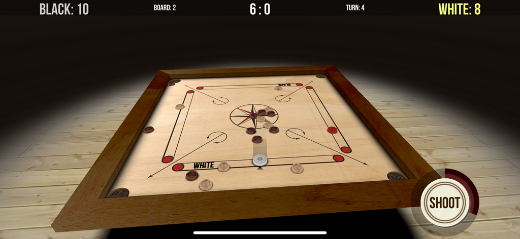 A realistic 3D carrom board game showing a match in progress with a shoot button and score display.
