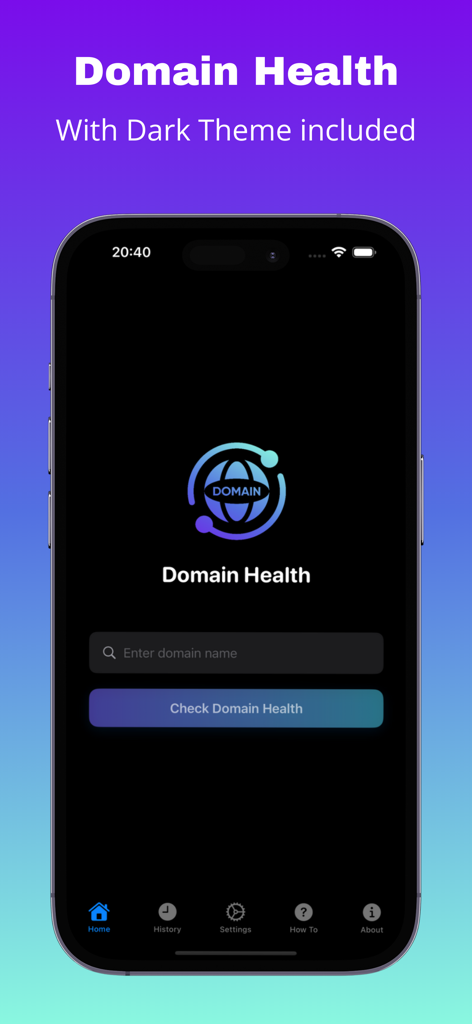 Tela inicial do aplicativo Saúde do Domínio com interface em modo escuro, barra de pesquisa de nome de domínio e botão de verificação.