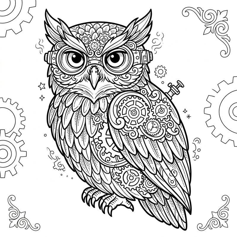 Immerse yourself in the fascinating world of our Steampunk Owl coloring page. This unique design combines intricate dot work with gears and retro-futuristic elements for a captivating coloring experience.