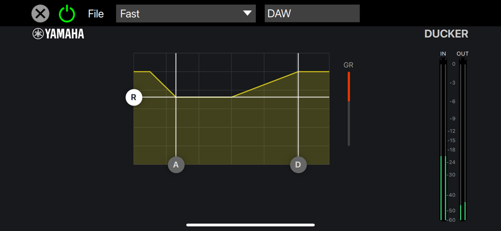 dspMixFx UR-C - Interface of the ducker effect in the dspMixFx UR-C app by Yamaha showing gain reduction and level meters.