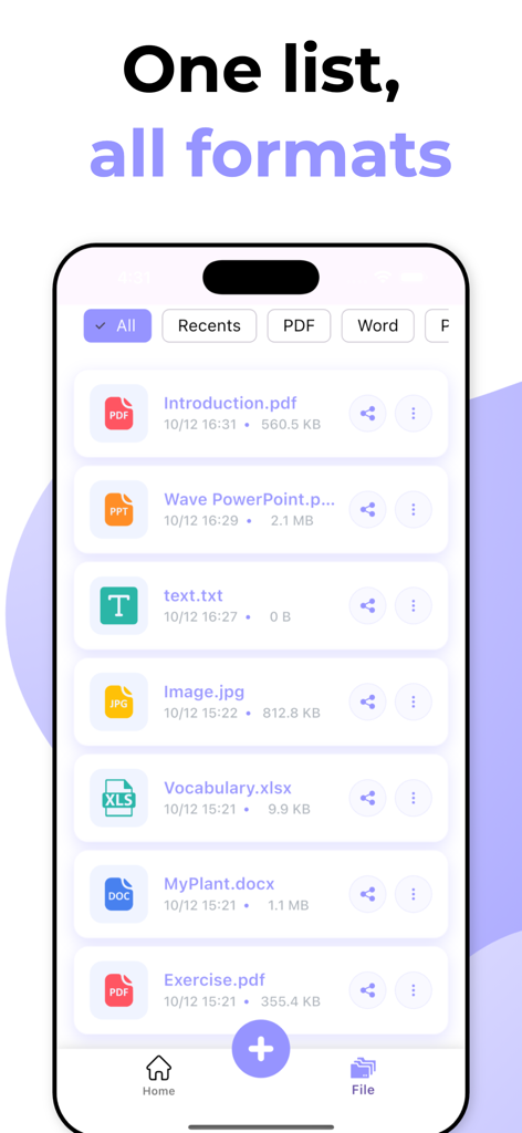 PDF Converter , word to pdf - Interface of the PDF Converter app showing a unified list of different file formats including PDF Word and Excel.