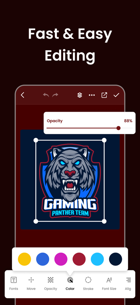 Interfaz de la aplicación móvil mostrando un logo de gaming de pantera siendo personalizado con herramientas de edición de color y opacidad.