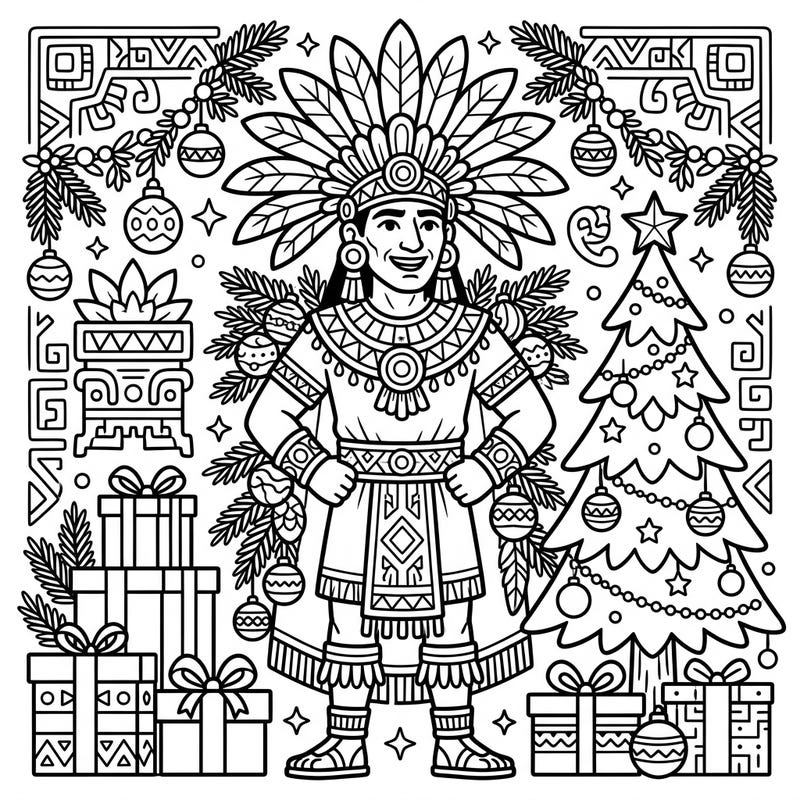 Embark on a one-of-a-kind holiday journey with this delightful Moctezuma Christmas coloring page, perfect for young artists. This festive scene combines ancient Aztec majesty with the joyous spirit of the Christmas season.