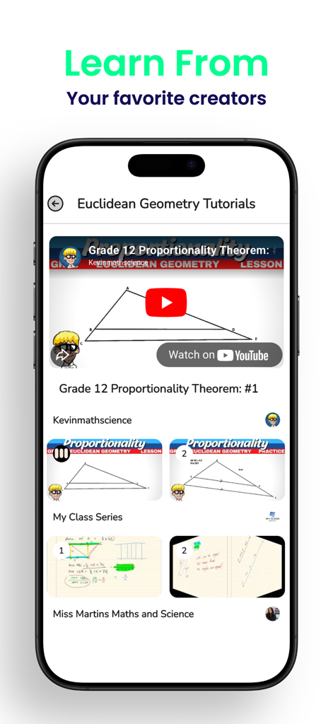 Grade 10,11,12 Mathematics App - Interfaz que muestra tutoriales en video de Geometría Euclidiana de creadores populares de matemáticas dentro de la aplicación.