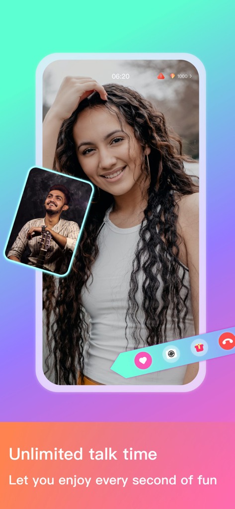 Likeu-Live Video Chat - Interfaccia dell'app di videochiamata live Likeu che mostra due persone in una videochiamata con icone per regali e like