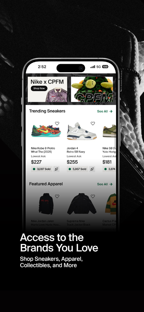 StockX app interface showing trending sneakers and featured apparel with market prices