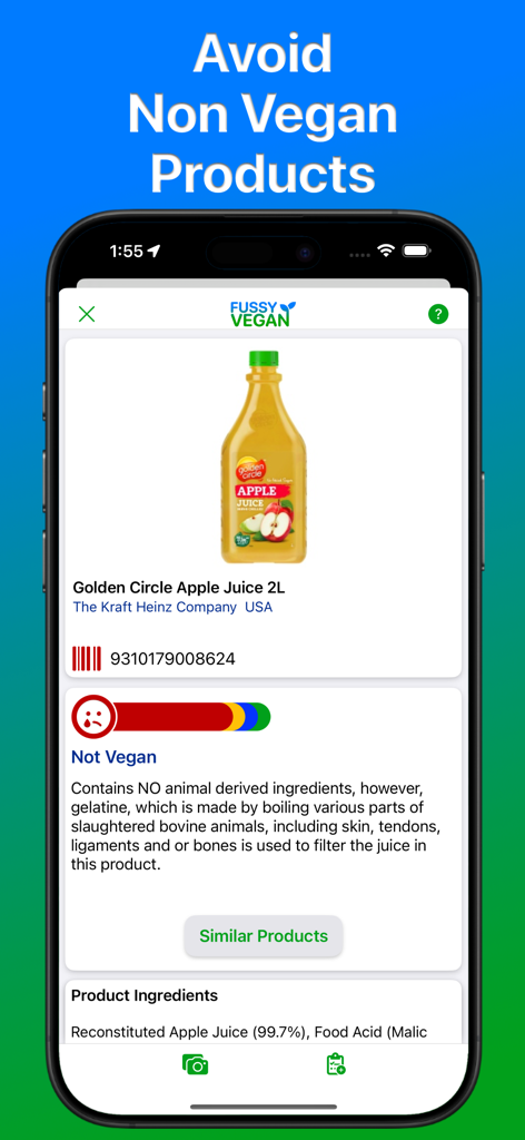Screenshot der Fussy Vegan Pro App, der erklärt, warum ein bestimmter Apfelsaft wegen Gelatinefilterung nicht vegan ist.