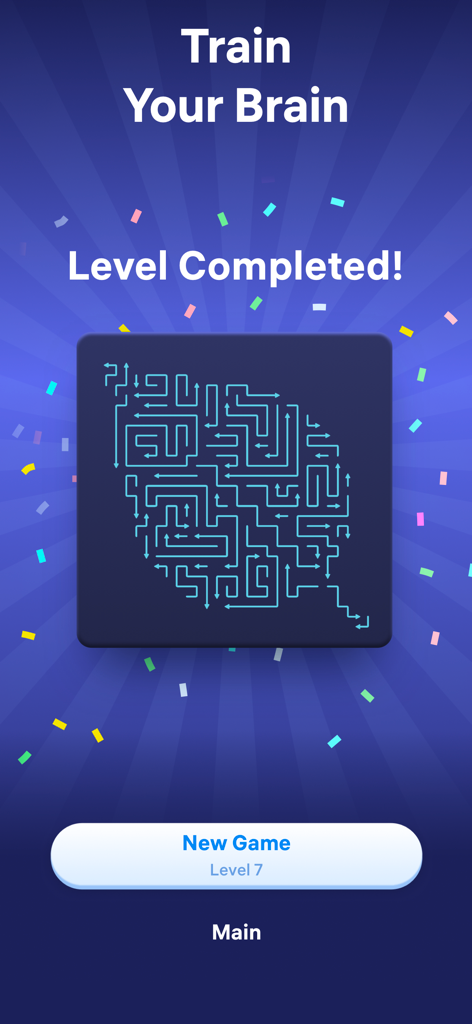 Arrow Puzzle - Tap Away Game - Una pantalla que muestra el nivel completado en el juego Arrow Puzzle con un laberinto de neón y confeti