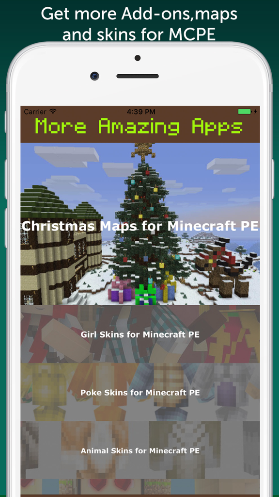 MineCars AddOn for Minecraft PE - Una schermata nell'app MineCars AddOn che mostra un elenco di altre mod disponibili per Minecraft PE, incluse skin e mappe natalizie.