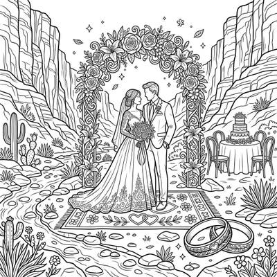 Step into a breathtaking desert landscape where a beautiful wedding ceremony unfolds amidst towering canyon walls. This intricate coloring page captures a romantic moment, perfect for celebrating love with your favorite colors.