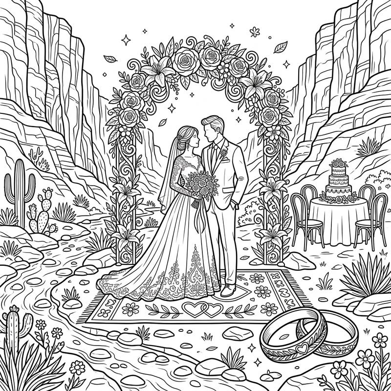 Step into a breathtaking desert landscape where a beautiful wedding ceremony unfolds amidst towering canyon walls. This intricate coloring page captures a romantic moment, perfect for celebrating love with your favorite colors.