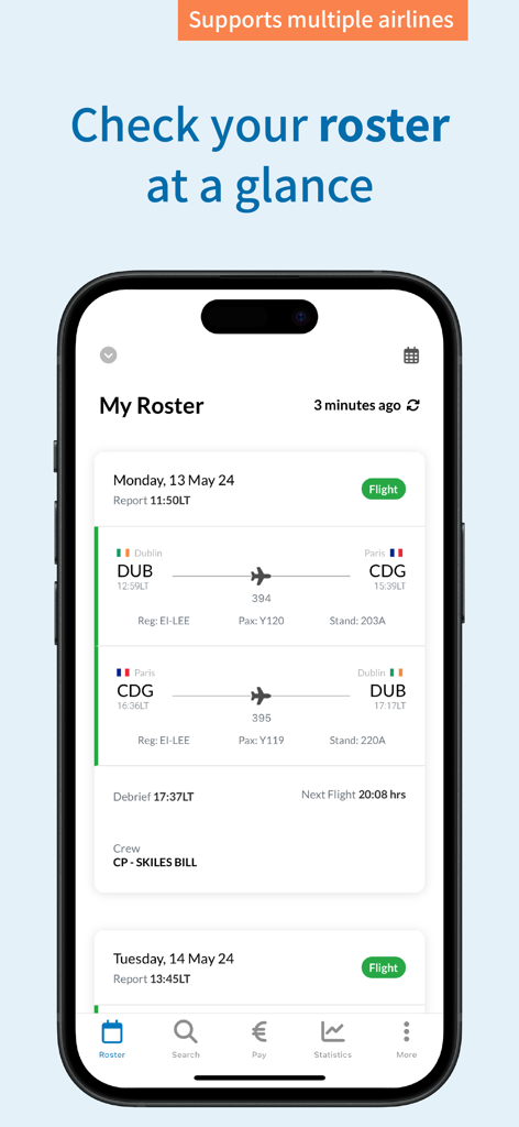 Wingman: Crew Roster - A mobile phone displaying the Wingman Crew Roster app with a daily flight schedule for an airline pilot or flight attendant