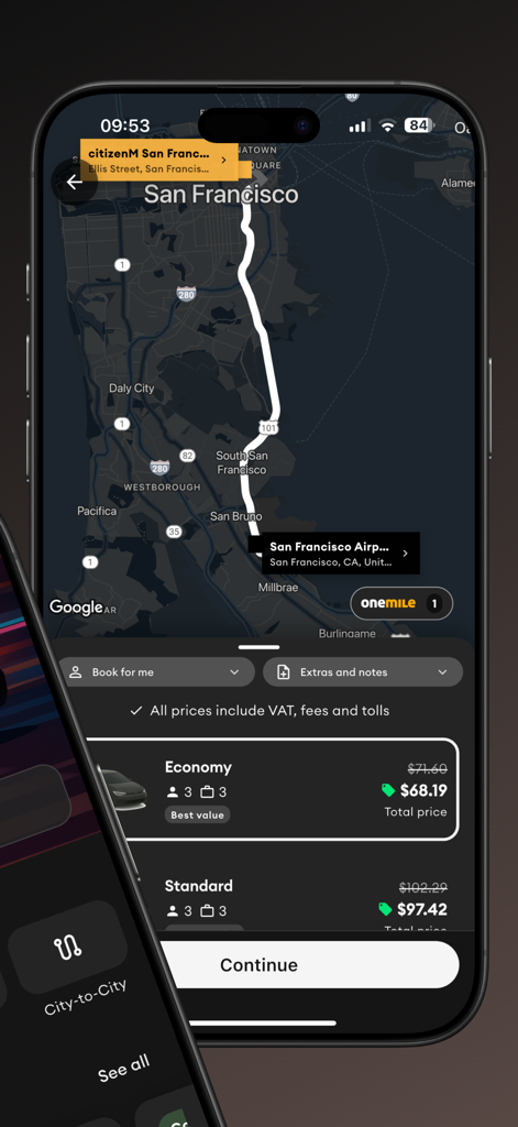 Transfeero app screen showing an airport transfer route in San Francisco with vehicle options and pricing.