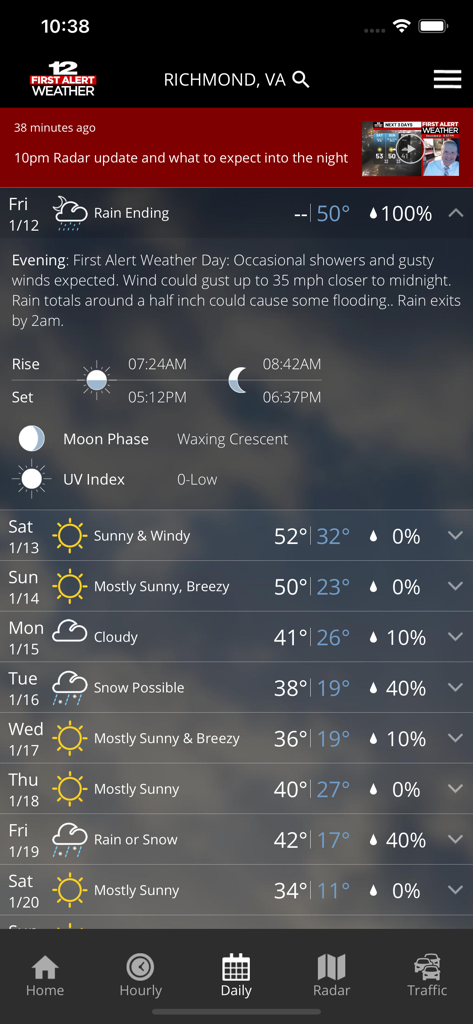 WWBT First Alert Weather app daily forecast screen for Richmond Virginia
