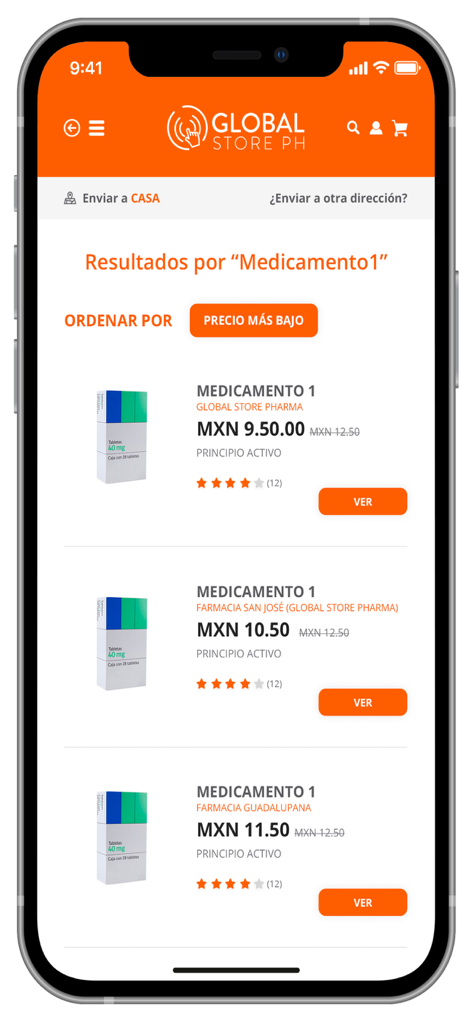 Tela de resultados de pesquisa de medicamentos do aplicativo Global Store PH com comparações de preços de diferentes farmácias em Pesos Mexicanos