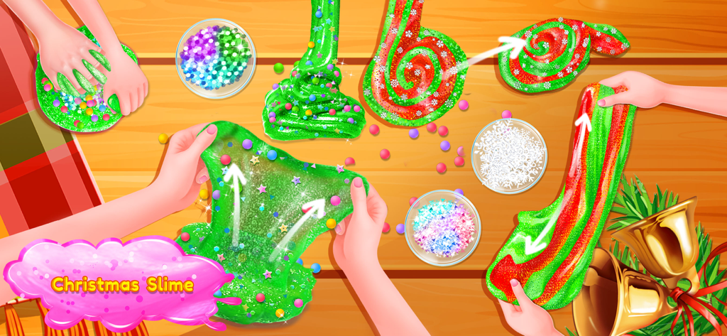 Fluffy Slime DIY Maker - Mãos esticando e decorando slime virtual temático de Natal verde e vermelho em uma mesa de madeira