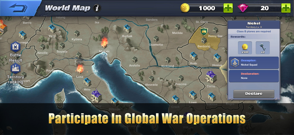 Ace Force: Joint Combat - World map interface in Ace Force Joint Combat showing territory rewards and global war operations