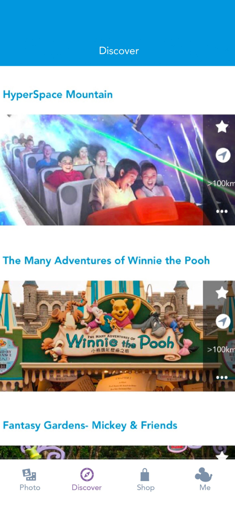 Discover section of the Hong Kong Disney PhotoPass app showing photo locations for Hyperspace Mountain and Winnie the Pooh attractions
